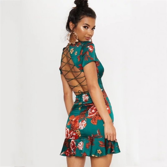 Emerald Corset Backless Floral Shift Dress - Picture 1 of 5
